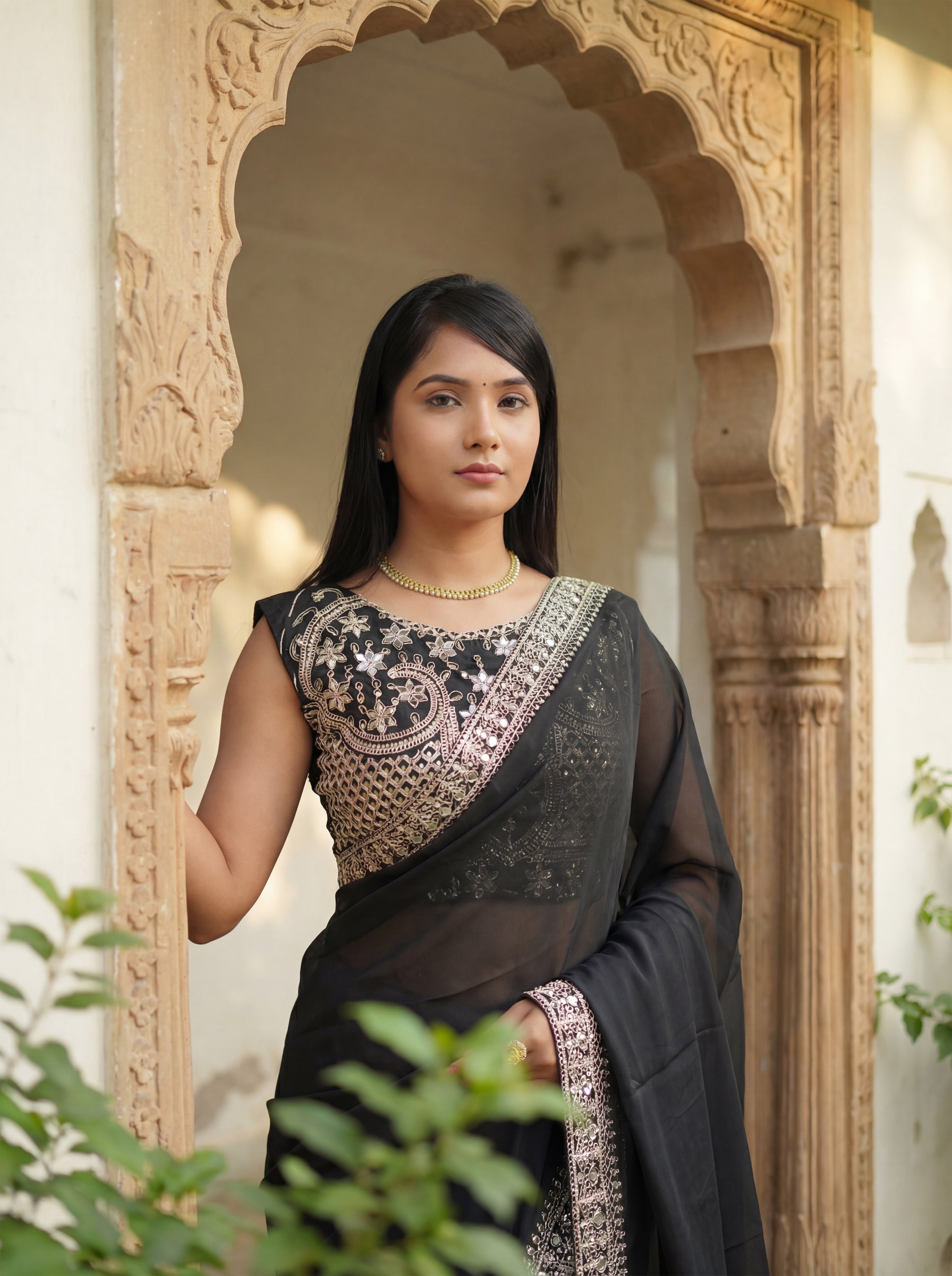Black Silk Sequence & Mirror Work Saree