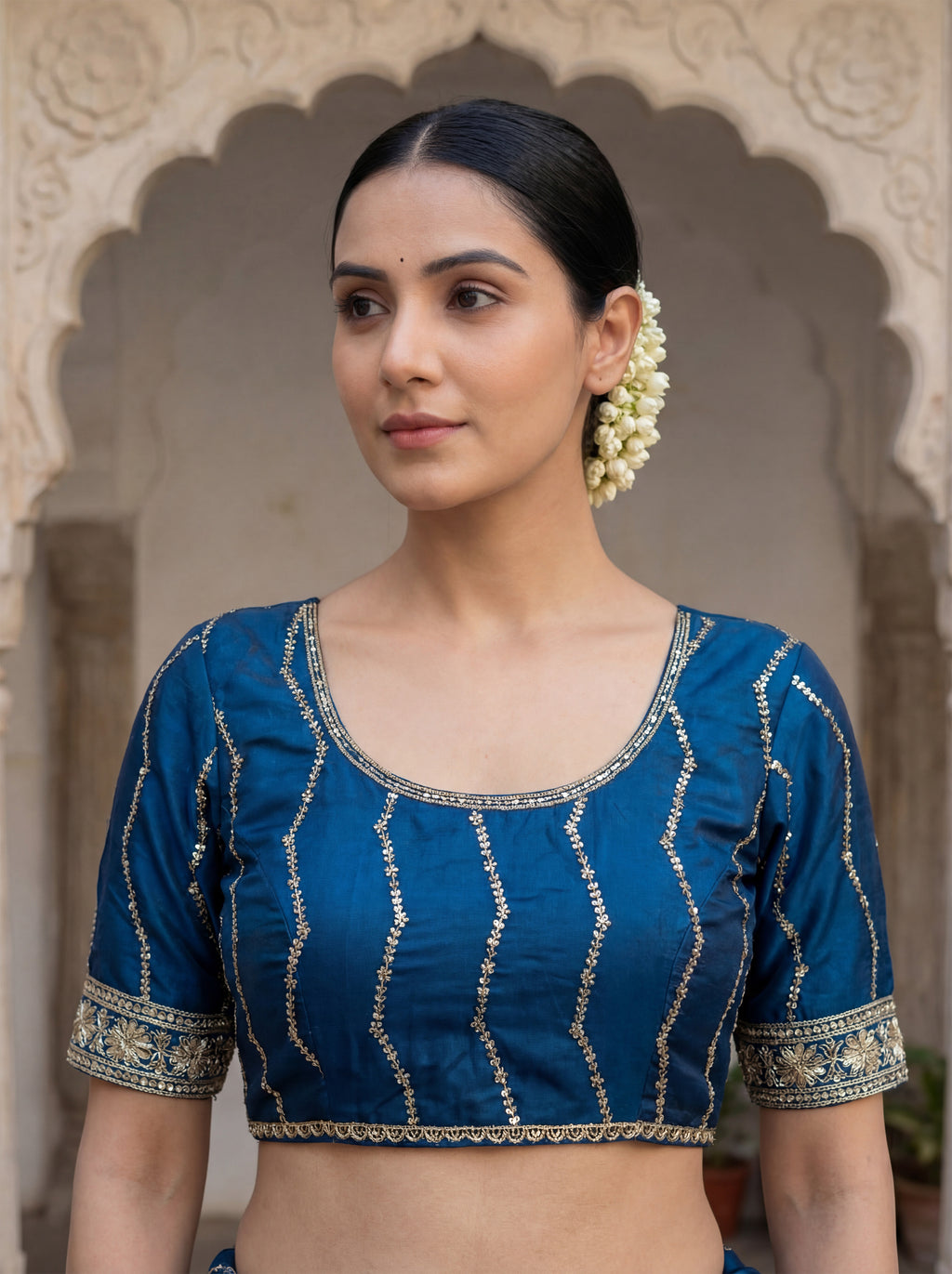 Teal Tissue Striped Sequence Work Saree