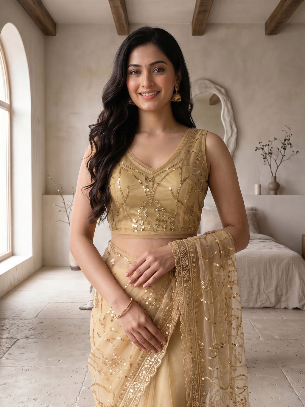 Beige Net Floral Sequence Work Saree