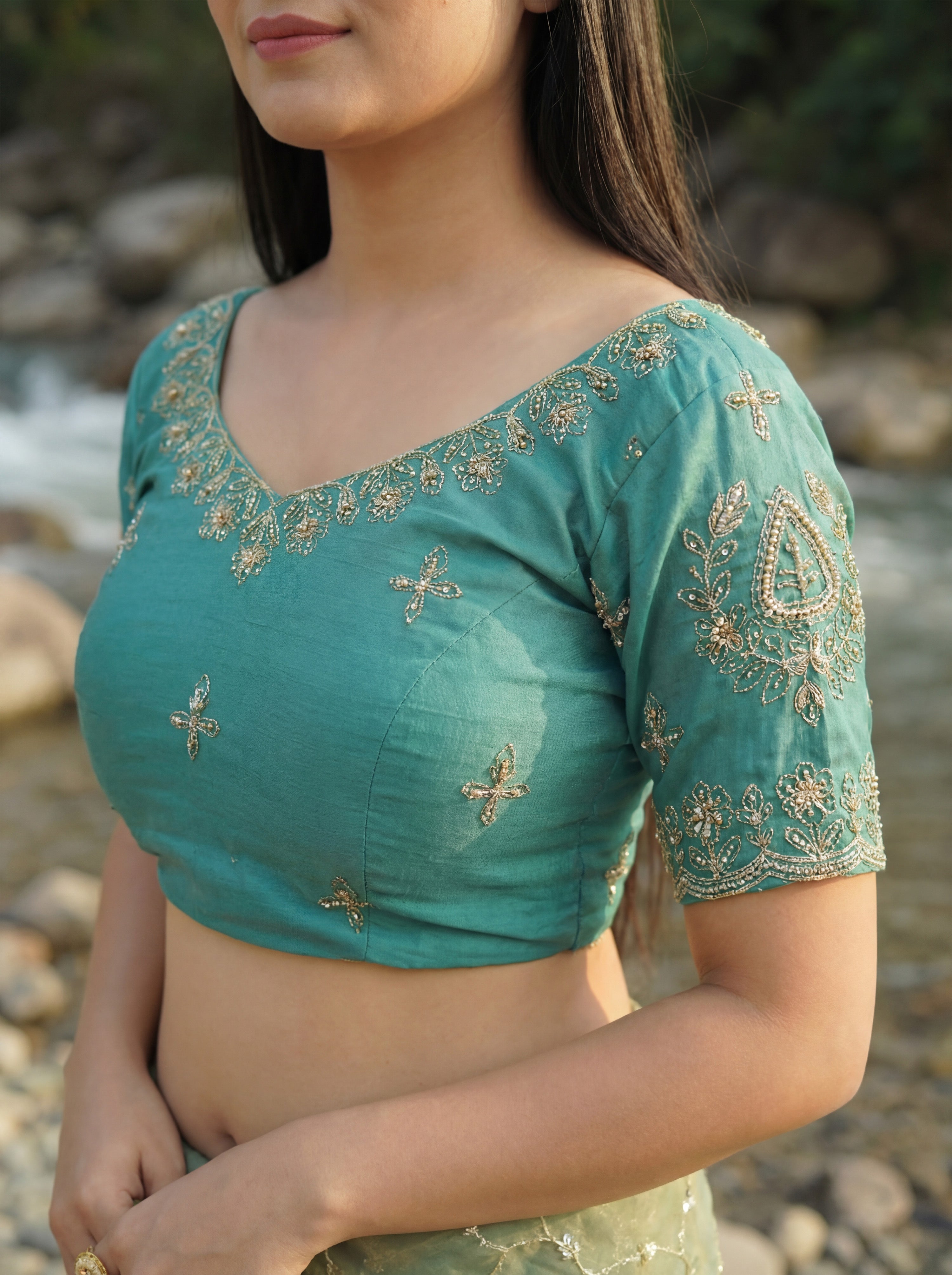 Green Tissue Geometric Sequence Work Saree