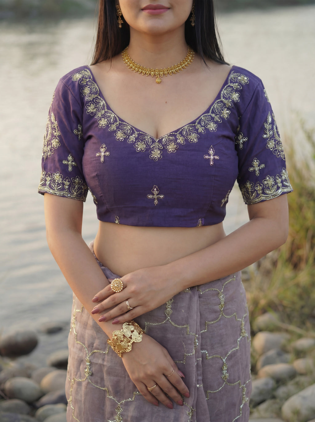 Lavender Tissue Geometric Sequence Work Saree