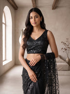 Black Net Floral Sequence Work Saree