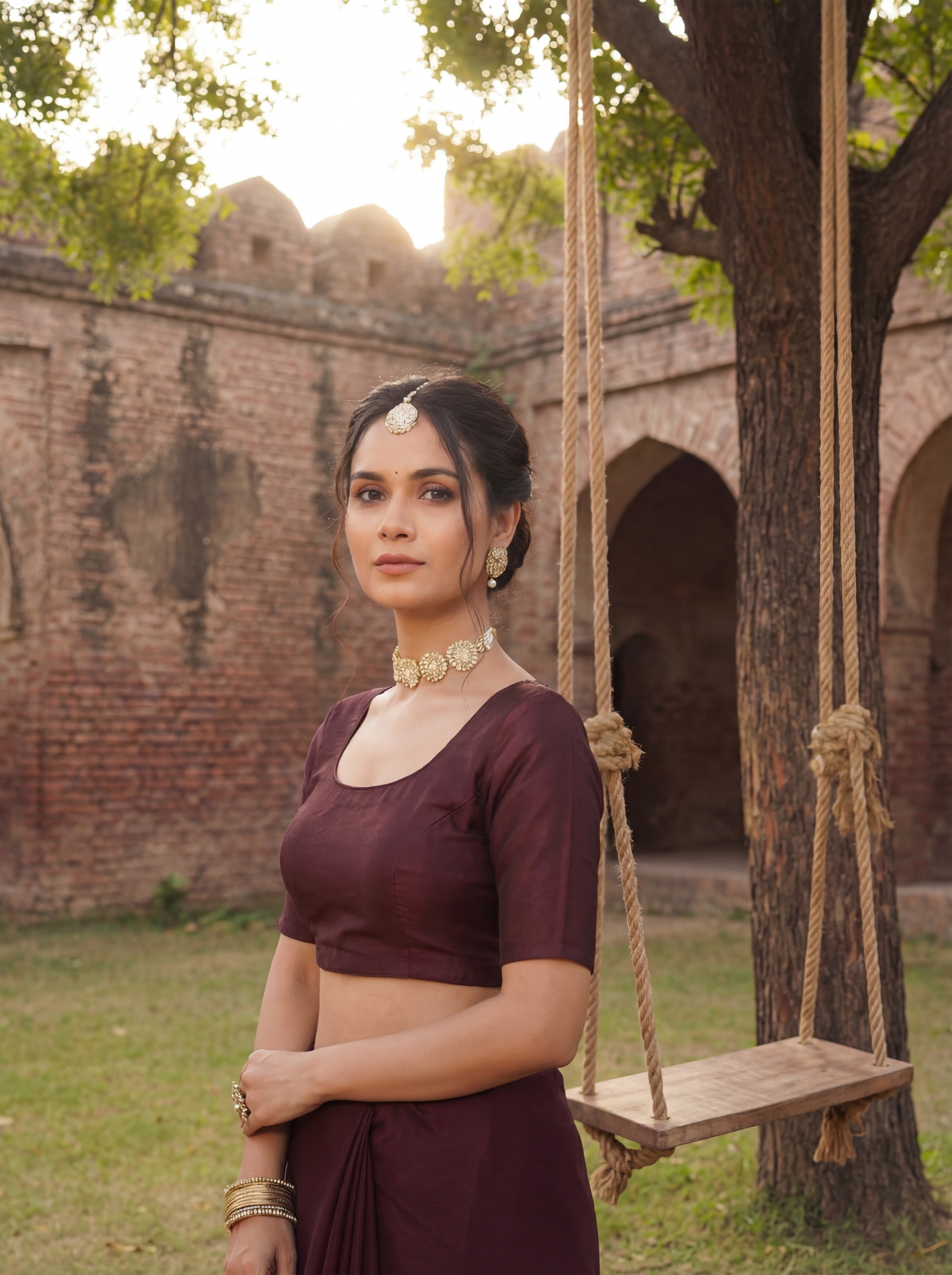 Maroon Tissue Sequence & Mirror Work Saree