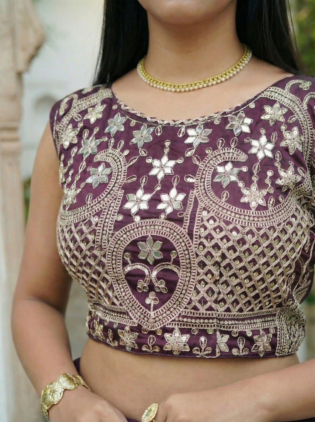 Burgundy Silk Sequence & Mirror Work Saree