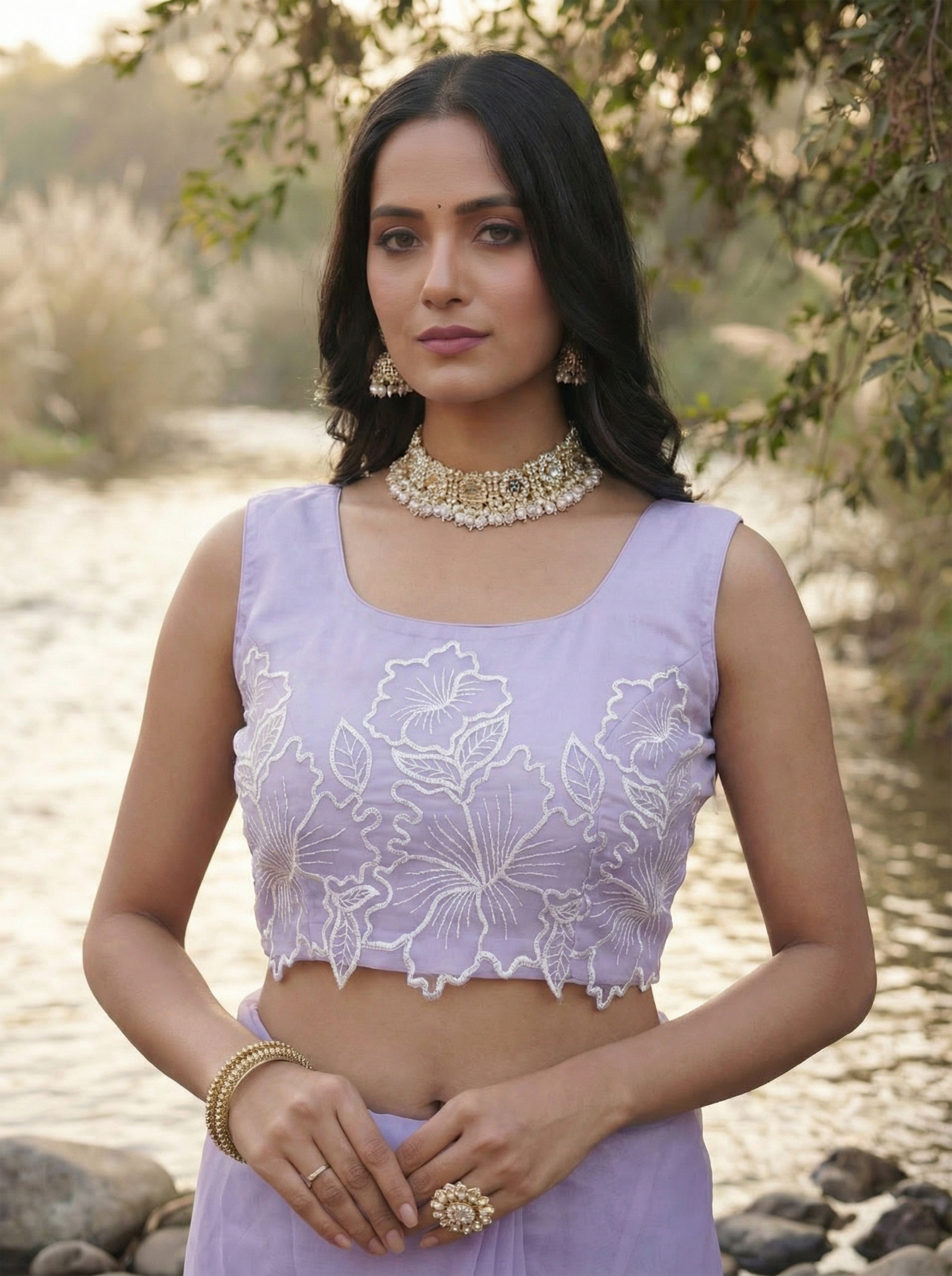 Lavender Organza Floral Thread Work Saree