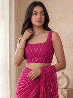 Pink Poly Georgette Striped Sequence Work Saree