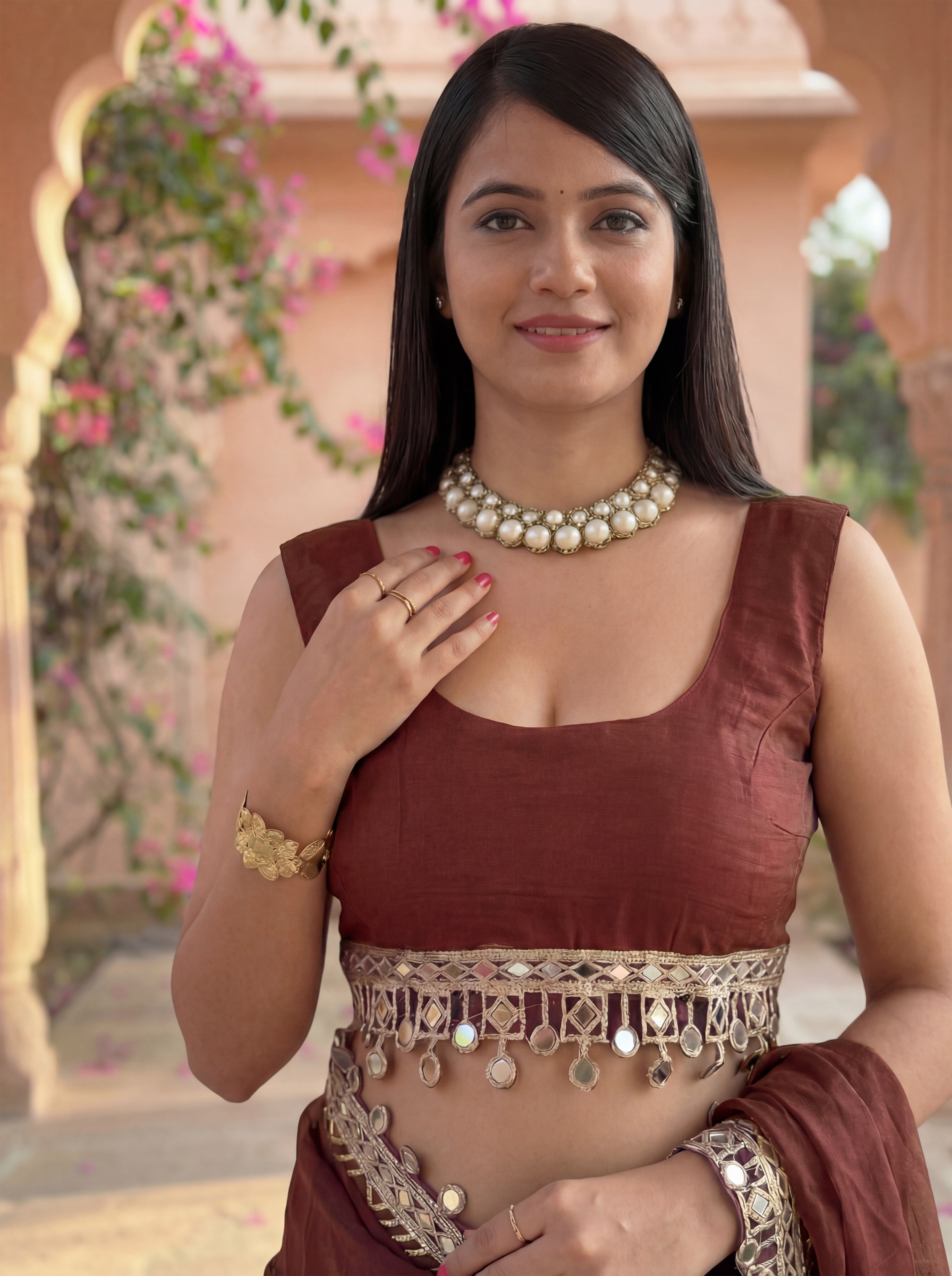 Maroon Organza Mirror Work Saree