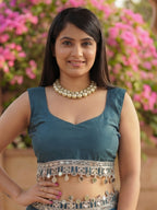 Teal Organza Mirror Work Saree