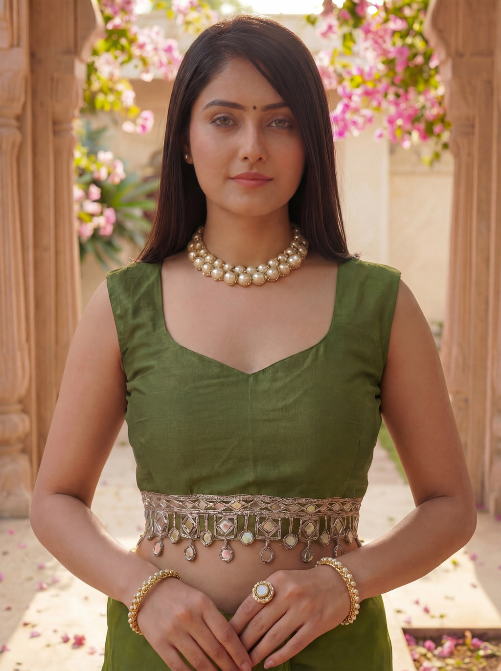 Green Organza Mirror Work Saree