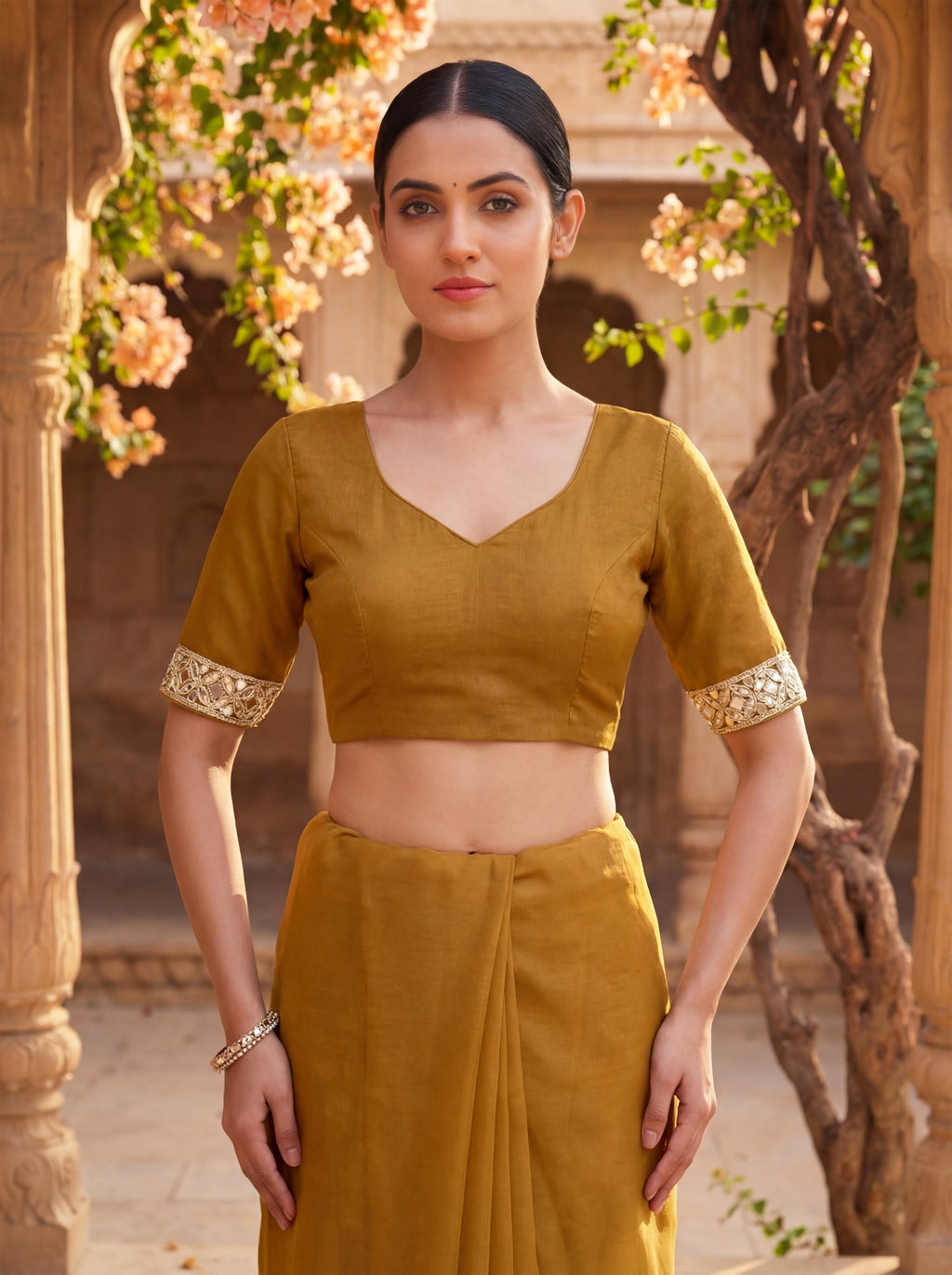 Rust Tissue Geometric Mirror Work Saree