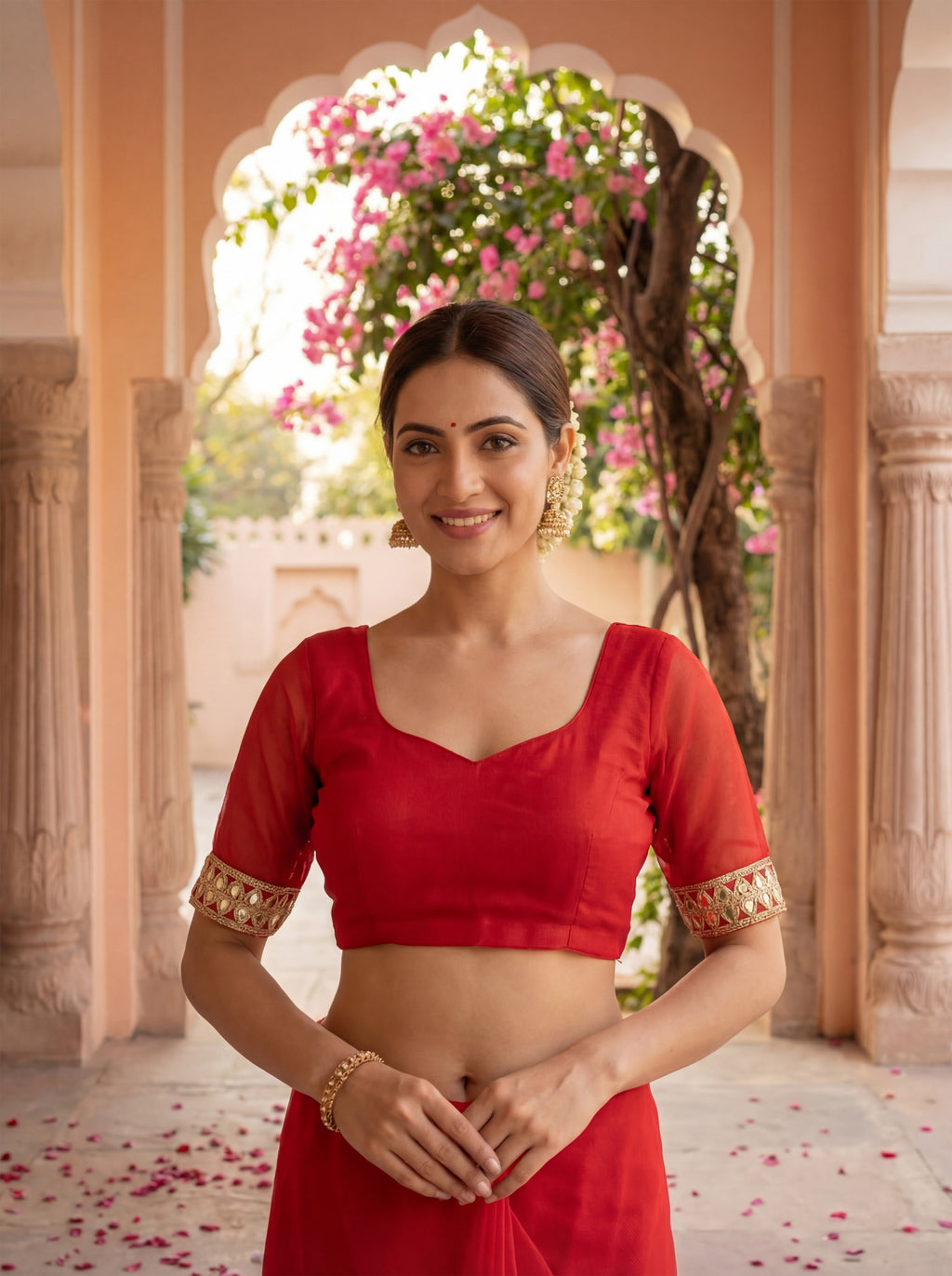 Red Tissue Geometric Mirror Work Saree