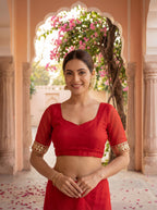 Red Tissue Geometric Mirror Work Saree