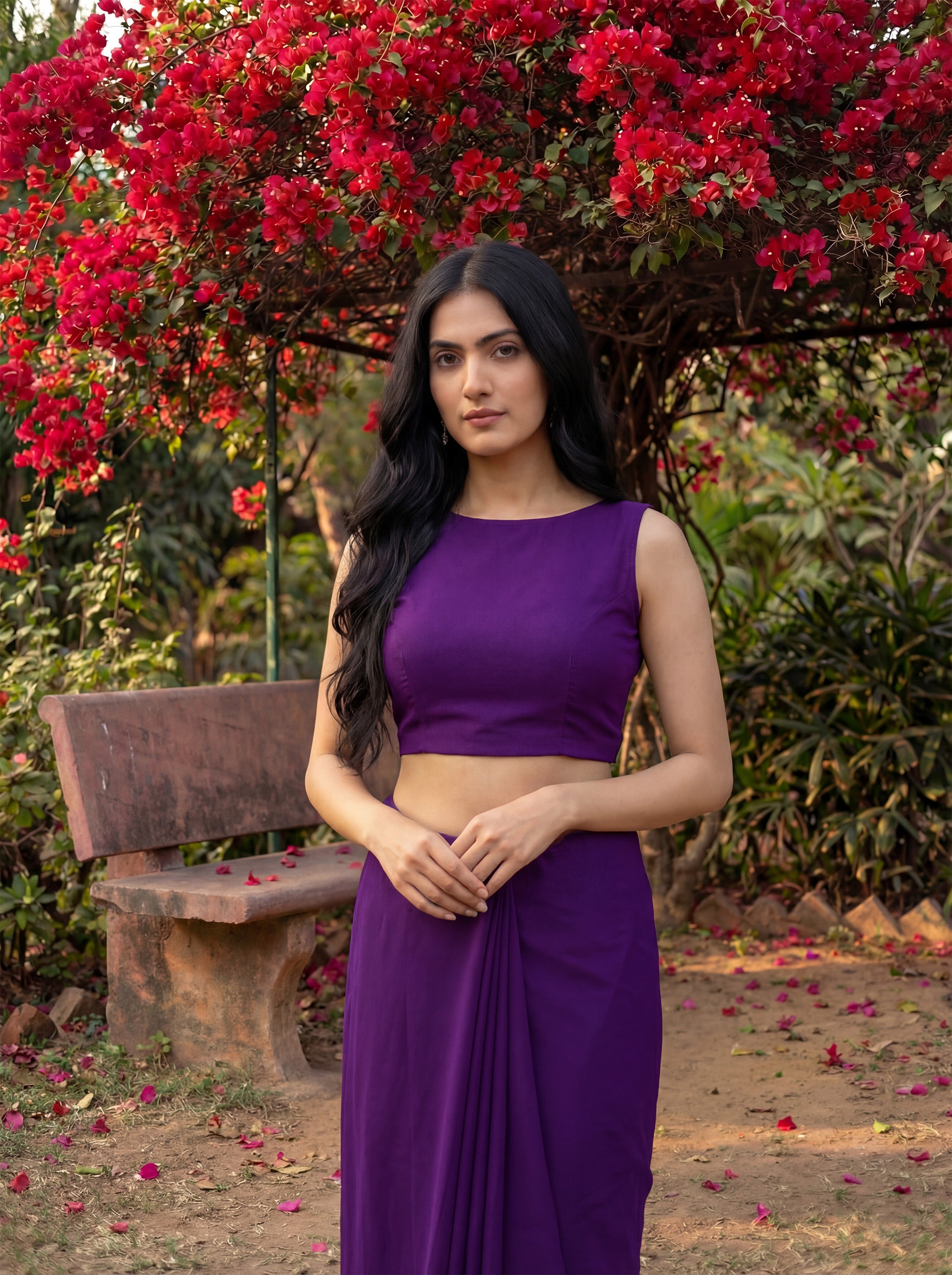 Purple Georgette Floral Stone & Beads Work Saree