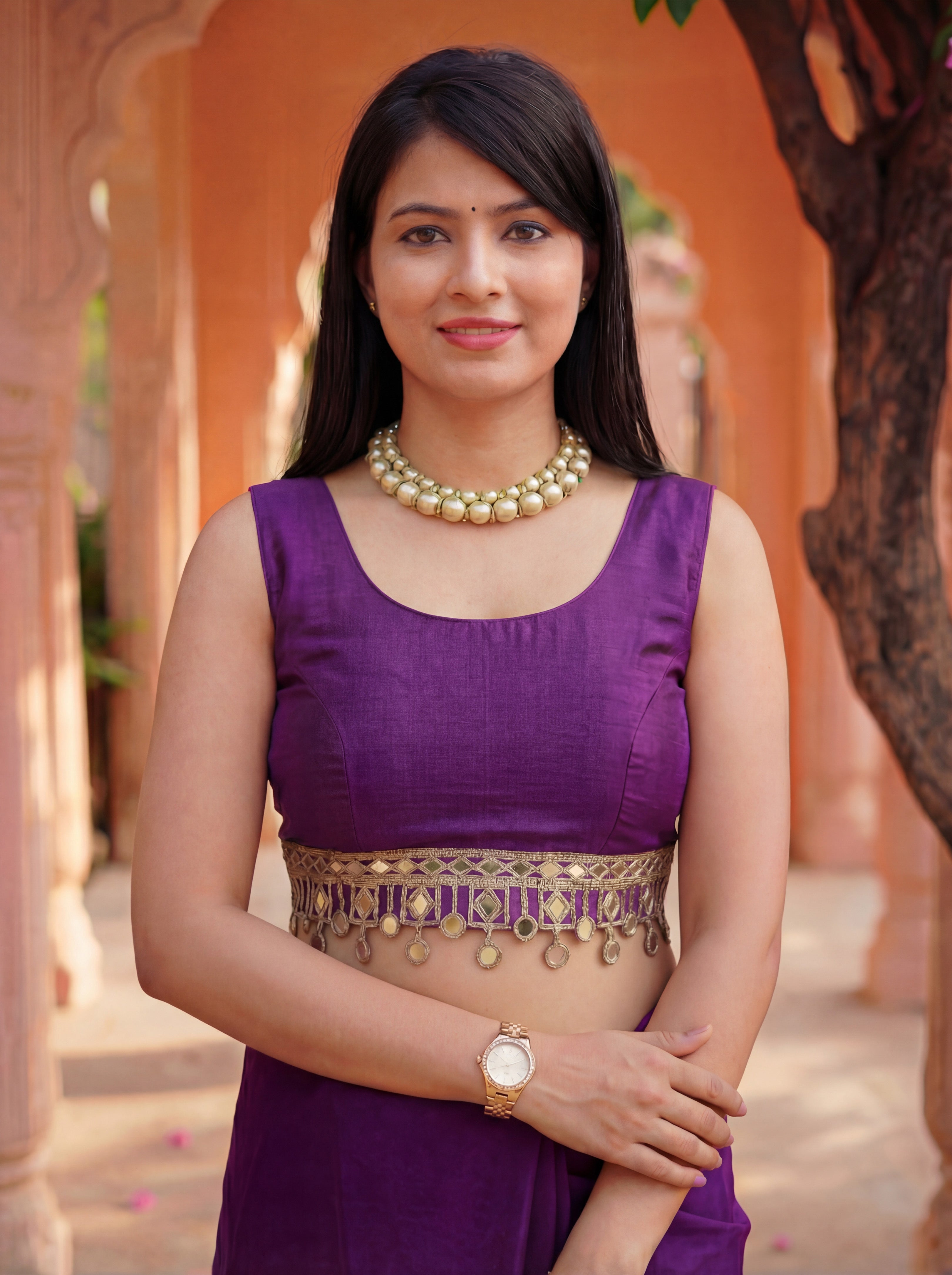 Purple Organza Mirror Work Saree