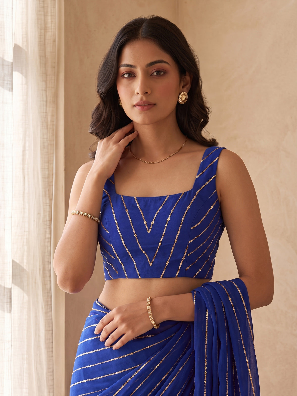 Blue Poly Georgette Striped Sequence Work Saree
