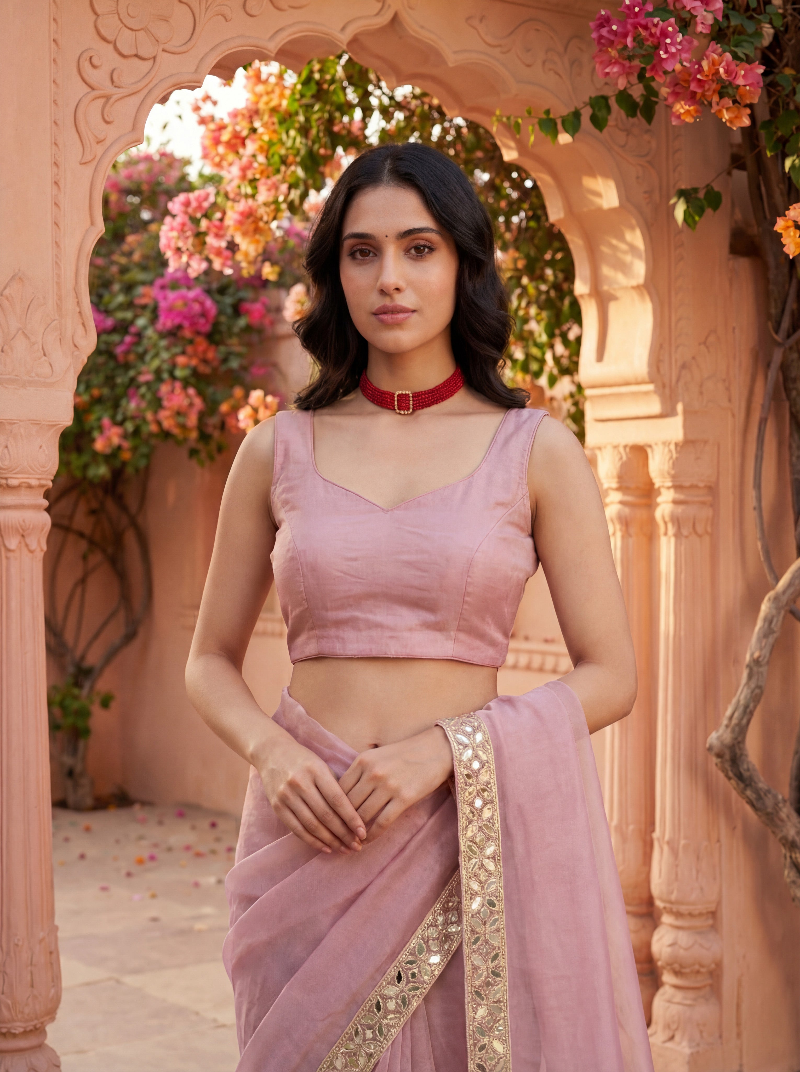 Lavender Tissue Geometric Mirror Work Saree
