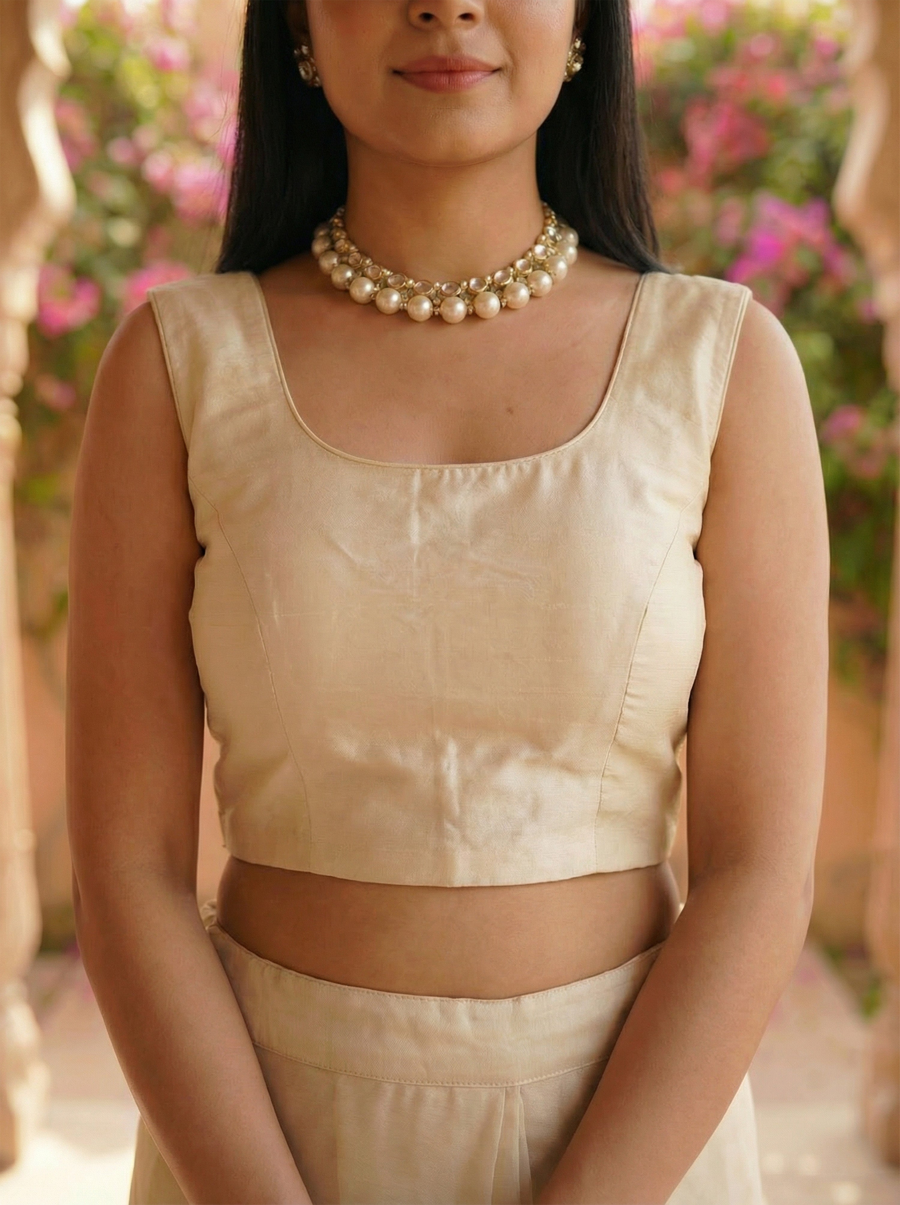 Beige Organza Mirror Work Saree