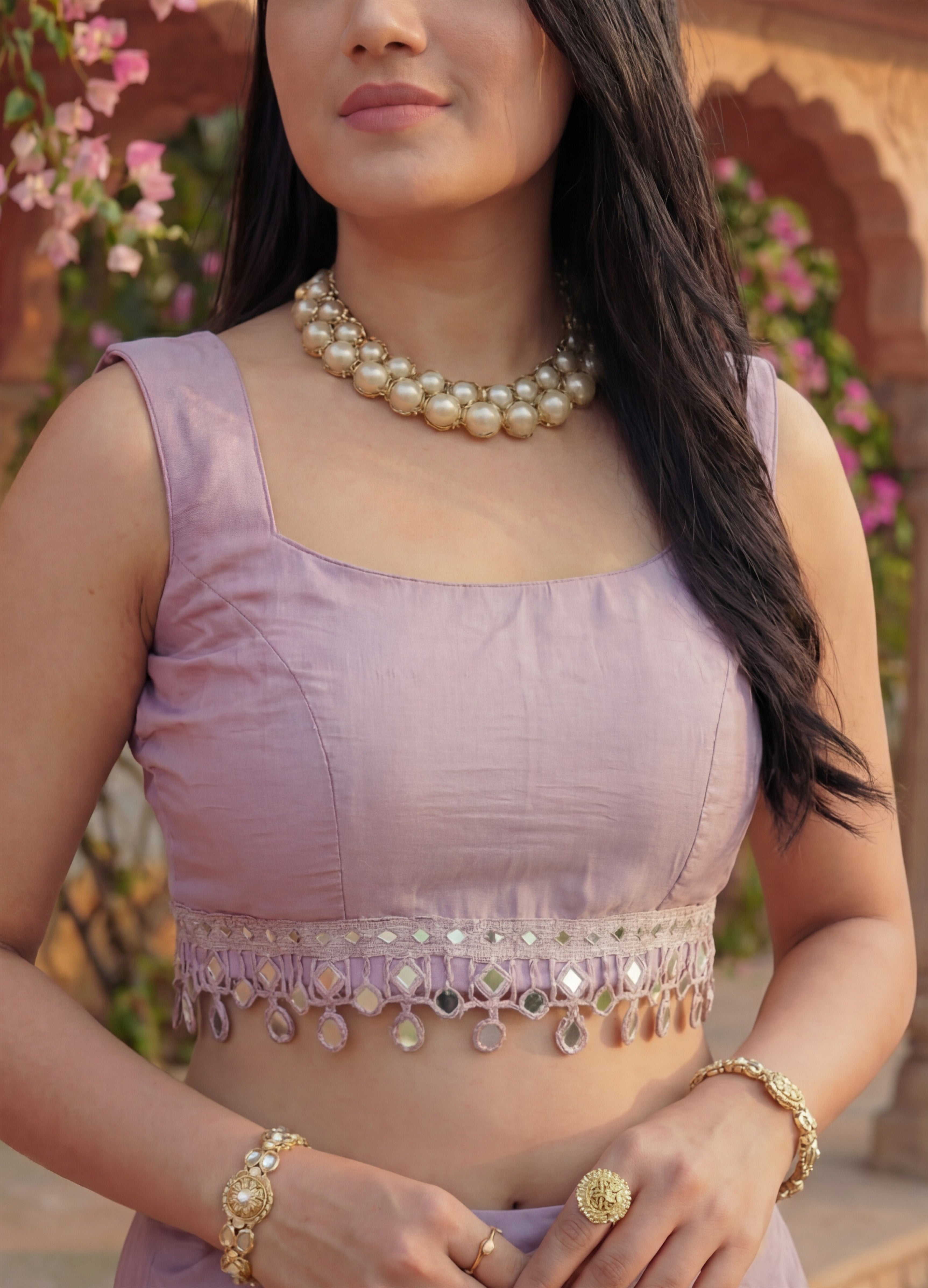 Lavender Organza Mirror Work Saree